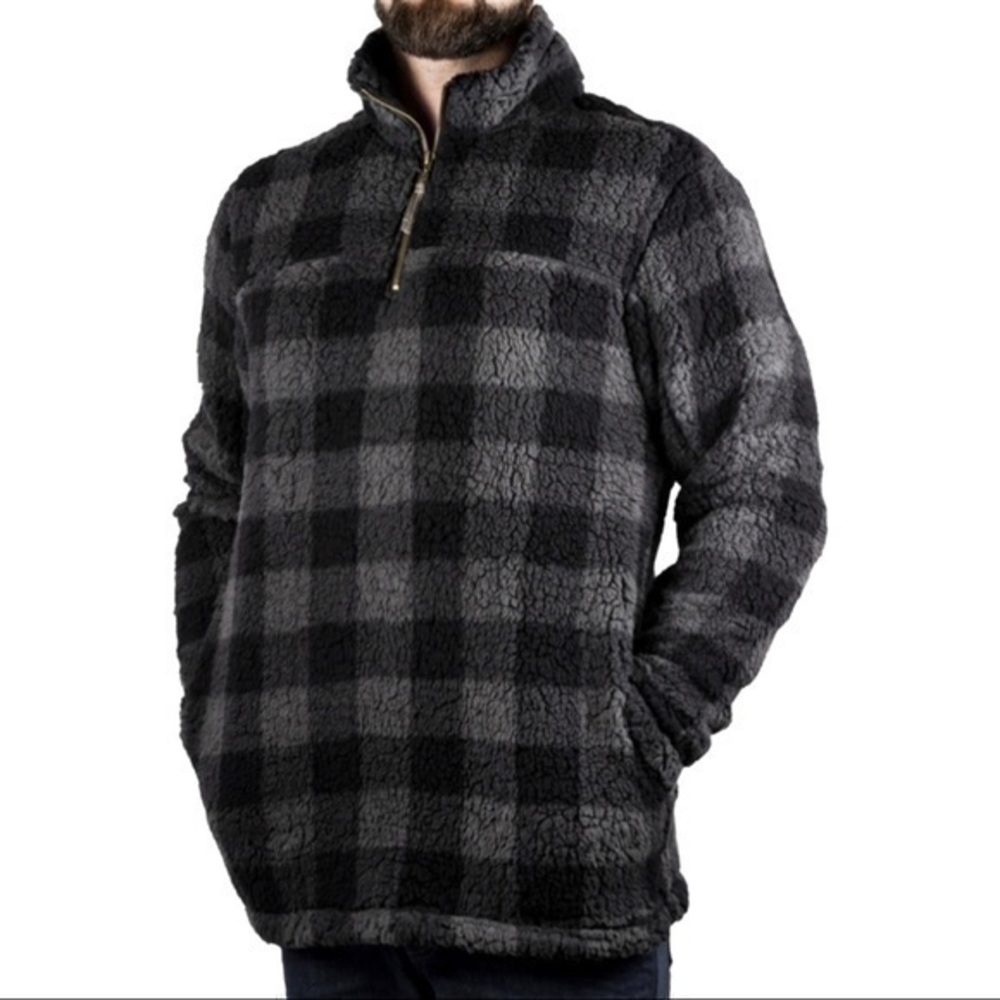 Alpine Sherpa Men’s Black Grey Buffalo Plaid Quarter Zip Sherpa Pullover
